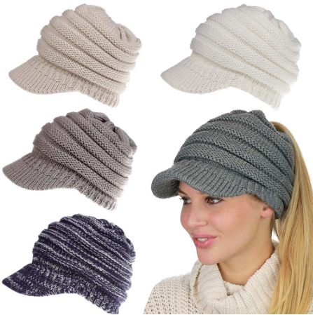 Ponytail Warm Knitted Beanie With Visor