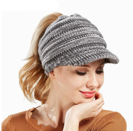 Ponytail Warm Knitted Beanie With Visor