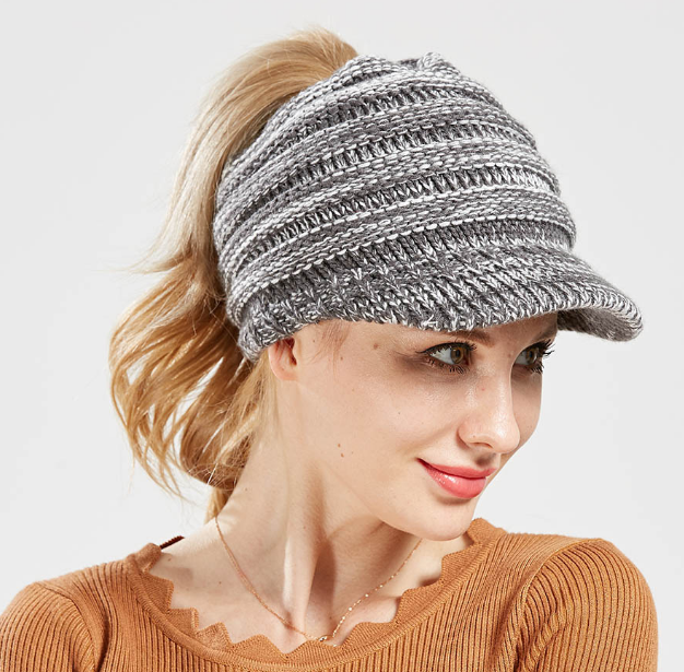 Ponytail Warm Knitted Beanie With Visor