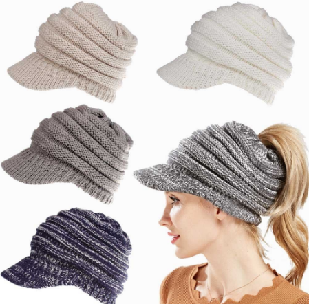 Ponytail Warm Knitted Beanie With Visor