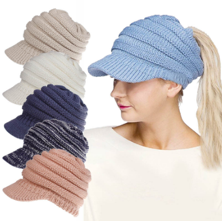 Ponytail Warm Knitted Beanie With Visor