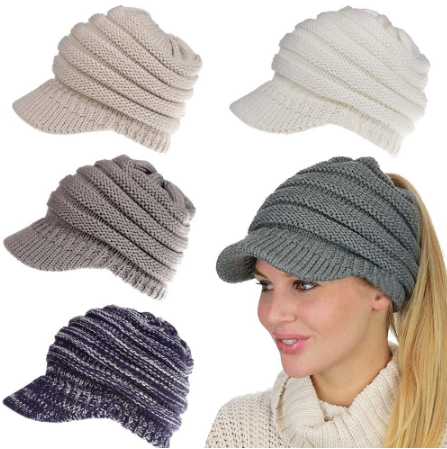 Image of Ponytail Warm Knitted Beanie With Visor