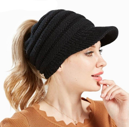 Image of Ponytail Warm Knitted Beanie With Visor