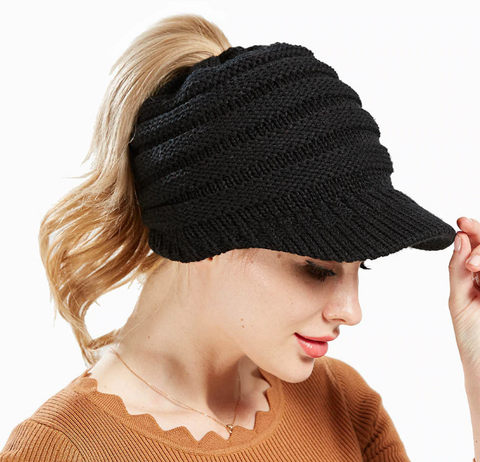 Image of Ponytail Warm Knitted Beanie With Visor