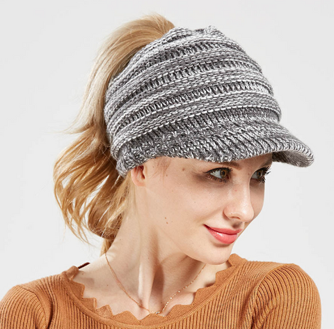 Image of Ponytail Warm Knitted Beanie With Visor