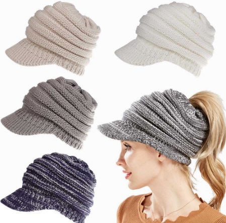 Image of Ponytail Warm Knitted Beanie With Visor