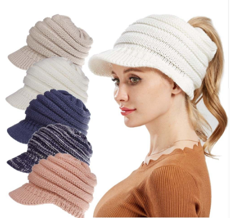 Image of Ponytail Warm Knitted Beanie With Visor