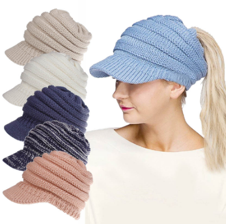 Image of Ponytail Warm Knitted Beanie With Visor