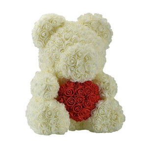 Heart Rose Bear - White